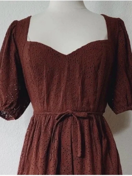 Anthropologie Brown Eyelet Midi Dress with Sweetheart Neckline - Picture 2 of 3